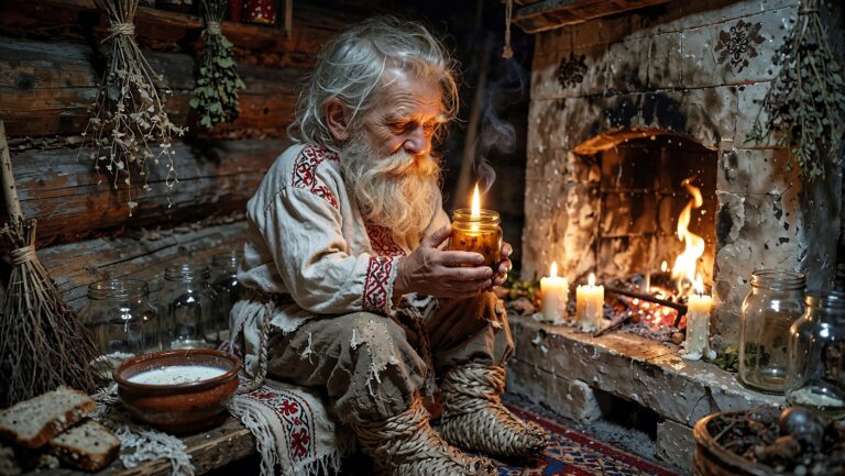 Zapiecek, domowik Soy Witch – siwobrody staruszek w haftowanej koszuli trzyma świecę w słoiku przy piecu, obok puste słoiki, mleko i chleb.